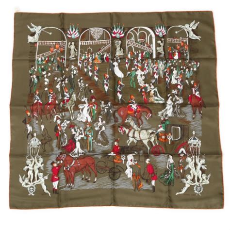 HERMES Silk Soiree De Gala Scarf 90 Kaki 